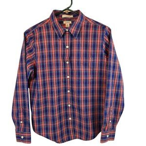 LL Bean Womans Top Plaid Red Blue Button Up Long Sleeve 100% Cotton Sz XS-P